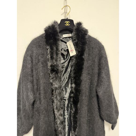 Modefia Coat Womens Medium Large Black Angora Blend Faux Fur Trim Long Duster - Picture 5 of 13